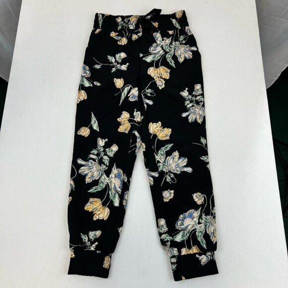One Pants - One Womens Jogger Pants Black Floral High Rise Elastic Waist Pockets XS